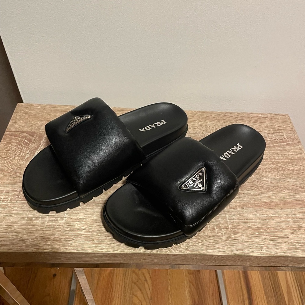 Faux Prada Padded Napa Leather Black Slide Sandals